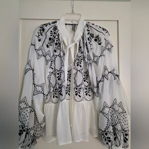 Anthropolgie Elegant White and Black Embroidered Women's Top